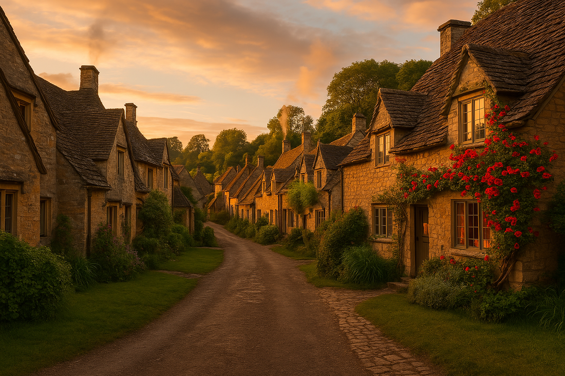 Cotswold cottages at sunset glow warmly