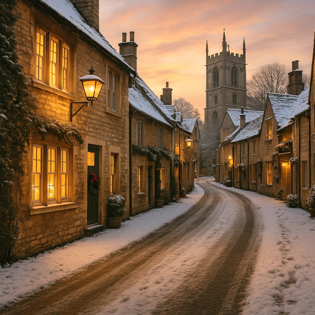 Snowy Stamford street with stone cottages