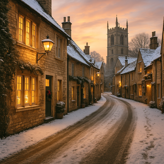 Snowy Stamford street with stone cottages